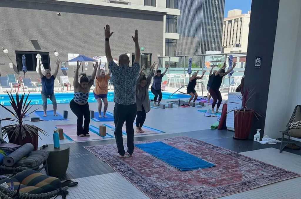 Stu leading a rooftop group class at the Renaissance Reno Downtown Hotel